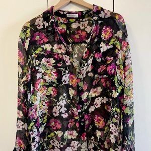 Floral Sheer Blouse by Equitment. Black and Pink